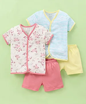 OHMS Cap Sleeves Floral Printed Vests with Shorts Sets Pack of 2 - Pink & Yellow