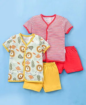 OHMS Cotton Knit Half Sleeves Vests & Shorts Fish & Animal Print Pack Of 2 - Yellow & Red
