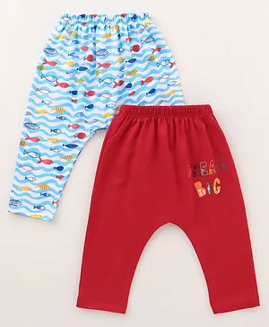 OHMS Cotton Full Length Diaper Leggings Fish Print Pack of 2 - Red & Blue