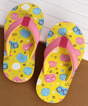 Cute Walk by Babyhug Slip On Flip Flops Kitty Print- Yellow