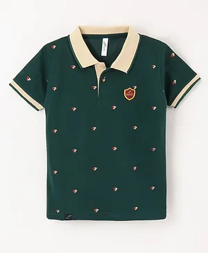 Earth Conscious Half Sleeves All Over Abstract Printed Polo Tee -Olive Green
