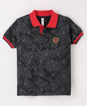 Earth Conscious Half Sleeves Abstract Checked Pattern Printed Polo Tee - Charcoal Grey