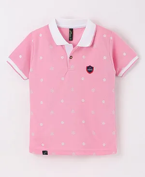 Earth Conscious Half Sleeves All Over Abstract Geometric Pattern Printed Polo Tee - Pink