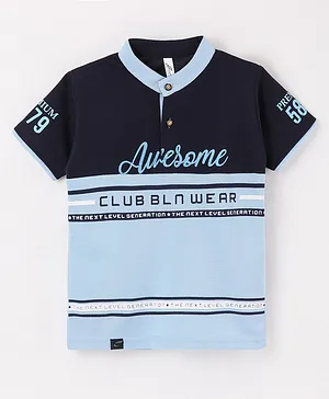 Earth Conscious Half Sleeves Abstract Typography Printed Colour Blocked  Tee  Sky Blue & Navy Blue