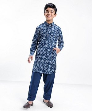 Pine Kids Cotton Full Sleeves Printed Pathani Kurta Pyjama Set- Navy Blue