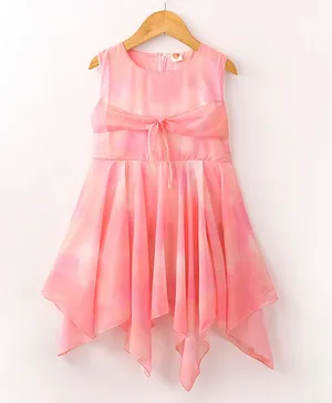 Dew Drops Chiffon Woven Sleeveless Frock with Knot Detailing & Solid Colour - Pink