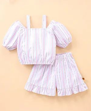 Dew Drops Cotton Half Sleeves Striped Top & Shorts Set- Pink & White