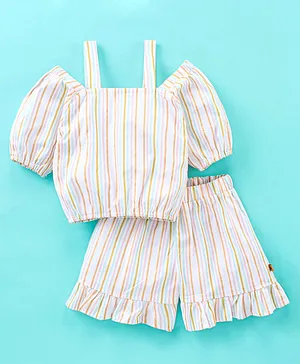 Dew Drops Cotton Half Sleeves Striped Top & Shorts Set- Blue & White