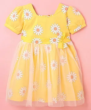 Dew Drops Cotton Woven Half Sleeves Frock Floral Print - Yellow