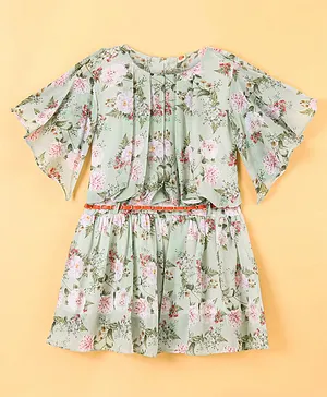 Dew Drops Chiffon Half Sleeves One Piece with Belt Floral Print - Green