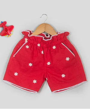 Tangerine Closet Pure Cotton Daisy Printed & Lace Embellished Paperbag High Waist Shorts - Red