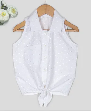 Tangerine Closet Sleeveless Floral Embroidered Front Tie Up Top - White