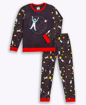 Unicorn Galaxy Theme Full Sleeves Astronaut & Space Elements Printed Tee With Coordinating Pyjama - Black