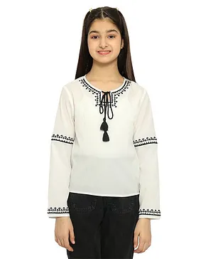 Natilene Full Sleeves Embroidered Neck Tie Up Top - White