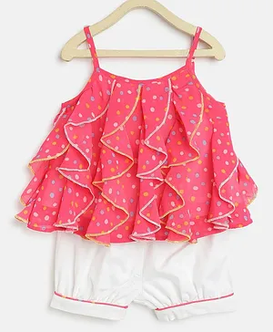 Nauti Nati Sleeveless Polka Dot Printed & Ruffled Flounce Detailed Top With Shorts - Pink