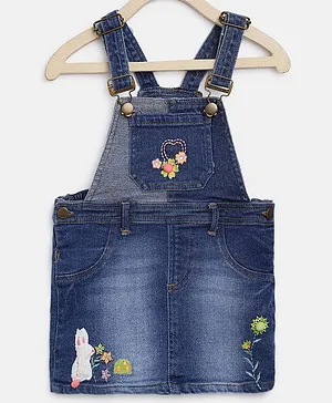Nauti Nati Sleeveless Flower & Bunny Embroidered Dungaree Dress - Blue