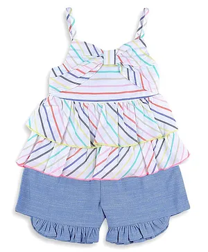 Nauti Nati Sleeveless  Candy Striped Layered Bow Designed Top With Frill Hem Shorts - Blue