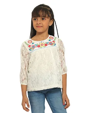 Nauti Nati Three Fourth Sleeves Floral With Lace Embroidered Top - White