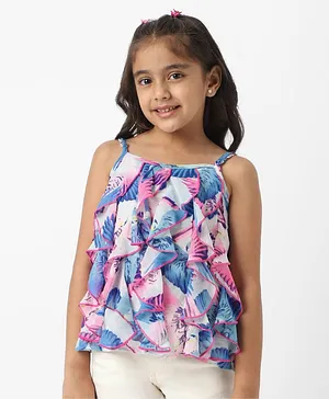Nauti Nati Sleeveless Floral Abstract Printed Ruffled Top - Blue