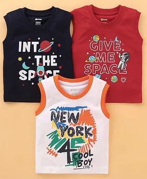 Ohms Sinker Knit Sleeveless T-Shirt Text Print Pack of 3- White & Red