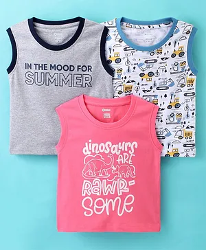 OHMS Sinker Sleeveless T-Shirts Text Printed Pack of  3 - Pink & Grey