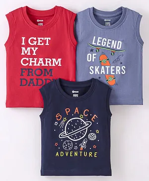 OHMS Sinker Sleeveless T-Shirts Text Printed Pack of 3 - Red & Blue