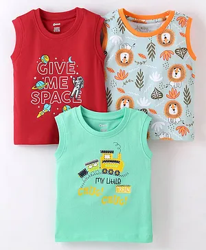 OHMS Sinker Sleeveless Lion and Space Printed T-Shirts Pack of 3 - Red & Green