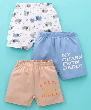 Ohms Above Knee Length Sinker Shorts with Text Print Pack of 3- White Beige & Blue