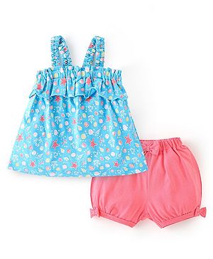 Babyhug 100% Cotton Jersey Knit Singlet Sleeves Top & Shorts Set Sea Life Print - Blue & Pink