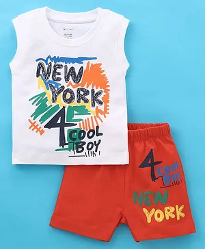 OHMS Cotton Knit Sleeveless T-Shirt & Shorts New York Print - White & Red
