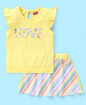 Babyhug 100% Cotton Sleeveless Top & Striped Skirt Set Text Embroidery- Yellow