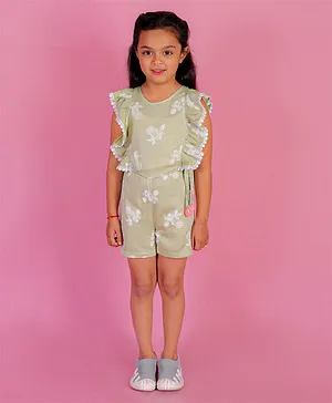 Lil Drama Sleeveless Frilled Floral Printed Jumpsuit - Green