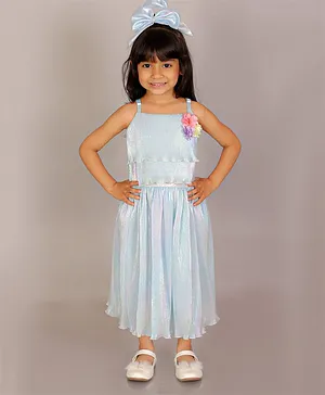 Lil Drama Sleeveless Colourful Shiny Corsage Applique Top & Skirt Set - Blue
