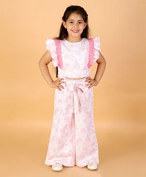 Lil Drama Sleeveless Frilled Floral Printed Top & Pant Set - Pink