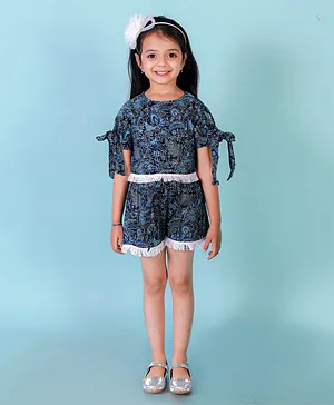 Lil Drama Half Sleeves Paisley Printed Top & Shorts Set - Navy Blue