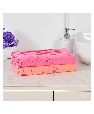 JARS Collections 100% Microfiber Very Soft Cartoon Animal Print Baby Bath Towel Pack of 2 - Pink & Orange