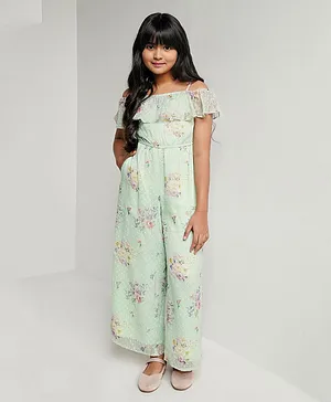 And Girl Cold Shoulder Short Sleeves Dobby Seamless Dobby Work Embellished & All Over Vintage Watercolour Floral Printed Jumpsuit - Mint Green