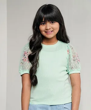And Girl Puffed Sleeves Floral Printed Embroidered Top - Mint Green