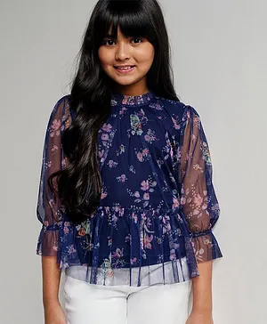 And Girl Three Fourth Sleeves Floral Printed Top - Navy Blue