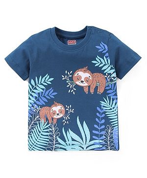Babyhug Cotton Half Sleeves T-Shirt Sloth Print- Navy Blue