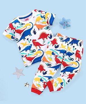 Babyhug Cotton Knit Half Sleeves Night Suit Dino Print - White