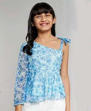 Global Desi Girl One Shoulder Full Sleeves Floral Printed Top - Blue