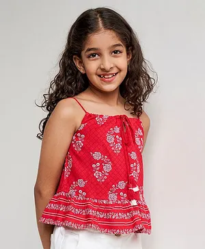 Global Desi Girl Sleeveless Floral Printed Neck Tie Up Top - Red