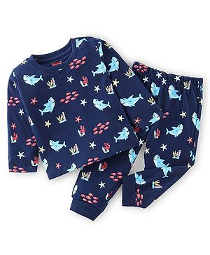 Babyhug Cotton Knit Full Sleeves Sea World Print Night Suit - Navy Blue
