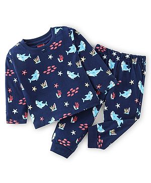 Babyhug Cotton Knit Full Sleeves Sea World Print Night Suit - Navy Blue