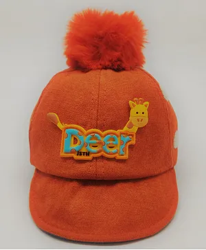 Kid-O-World Pom Pom Detail Fur Appliqued Deer Patch Cap - Orange