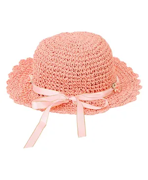 Kid-O-World Flower Applique Embellished Straw Hat - Peach
