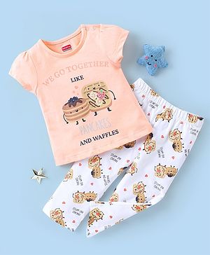 Babyhug Cotton Knit Half Sleeves Nightsuit With Pancake & Waffles Print - Peach & White