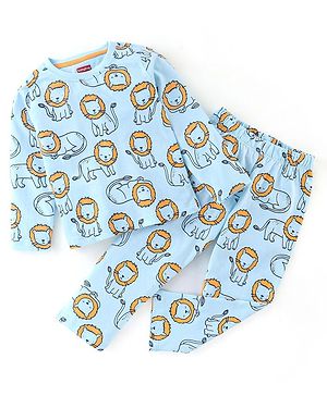 Babyhug Cotton Full Sleeves Night Suit Lion Print - Blue