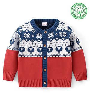 Babyhug Organic Cotton Full Sleeves Intarsia Design Front Open Sweater - Navy Blue & Red
